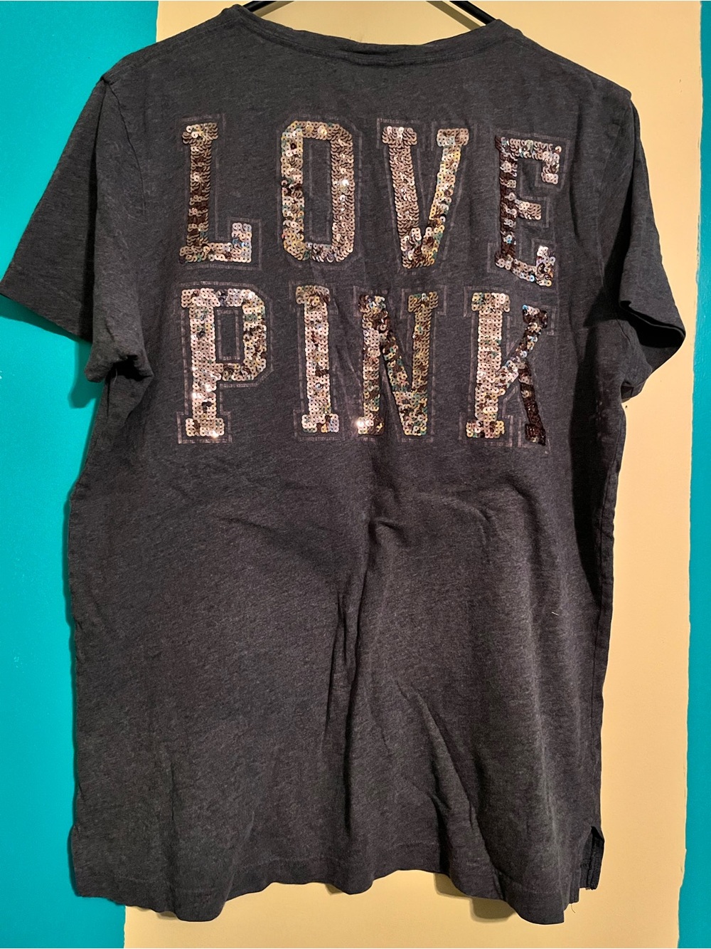 PINK Victoria's Secret Black Short-Sleeve Tee with Sequin 'LOVE PINK' Back